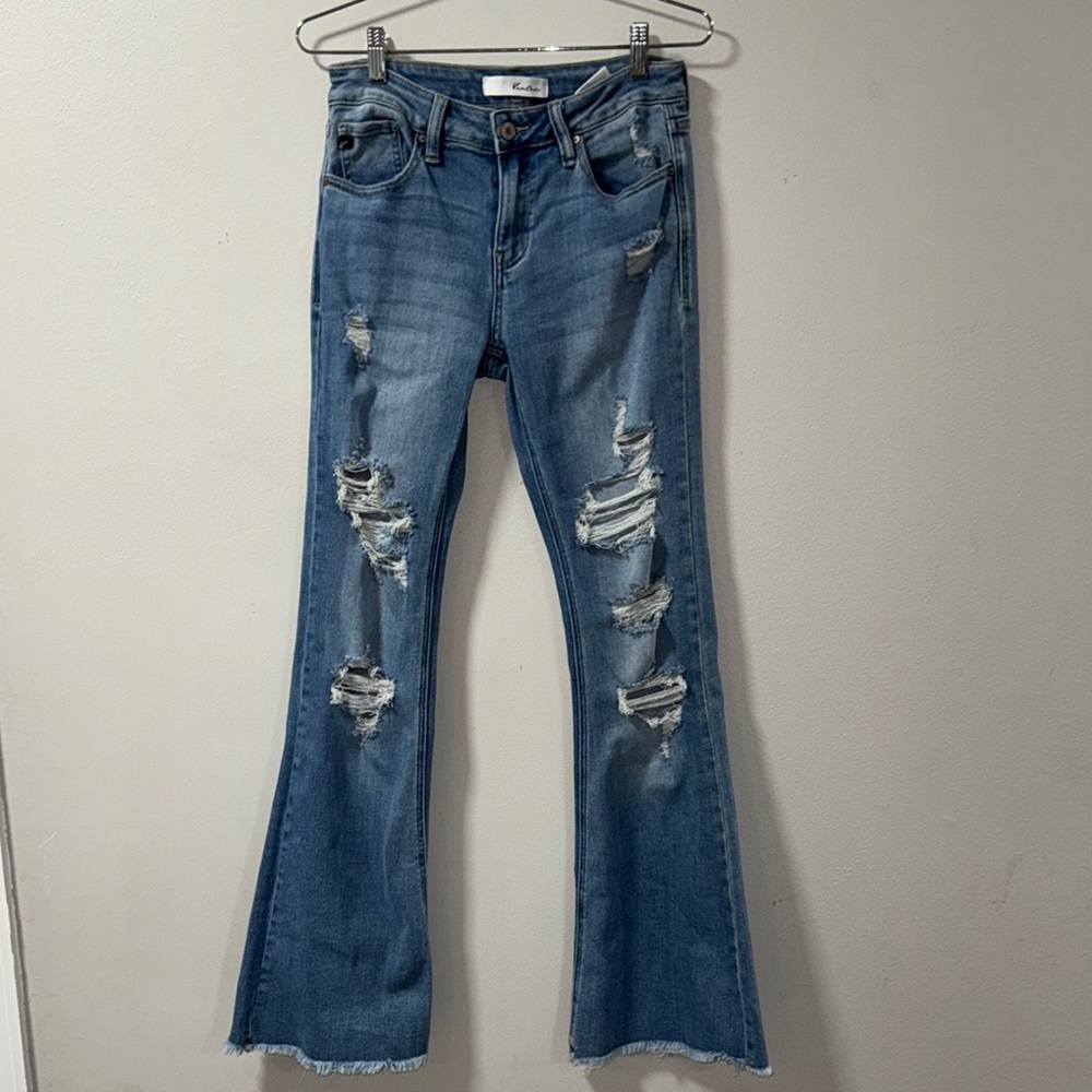 KanCan 7/27 Distressed Flare Jeans Light Wash Raw Hem Bell Bottom Denim #565